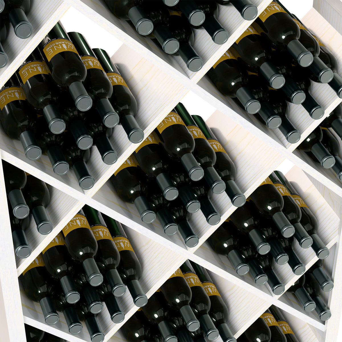 Close-up of wine bottles in white diamond lattice compartments