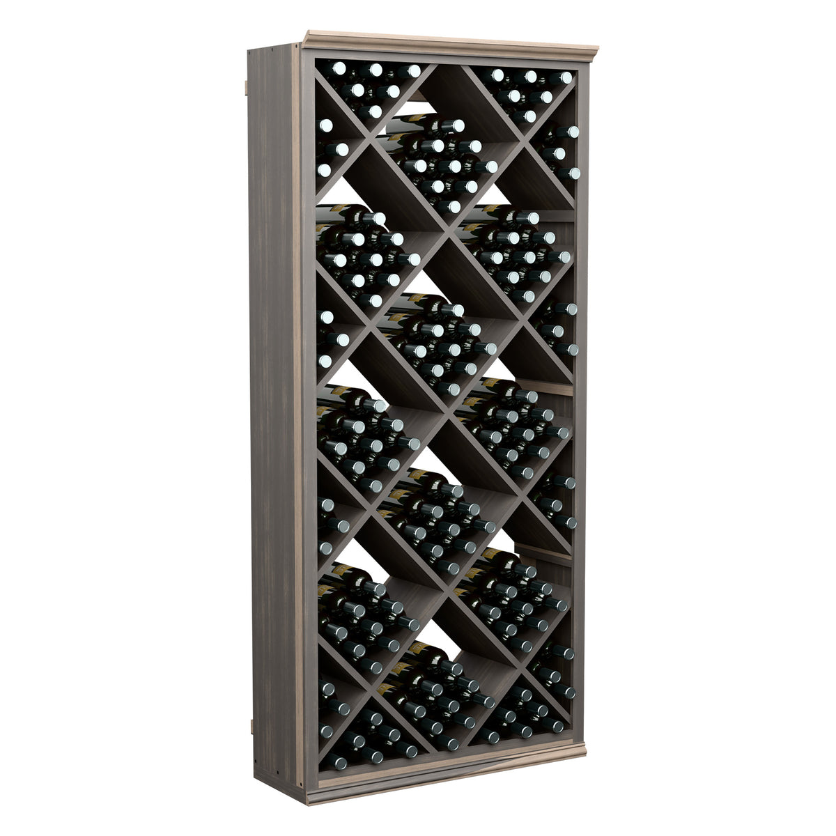 6ft wine bottle storage rack with diamond lattice shelves and filled bottle compartments