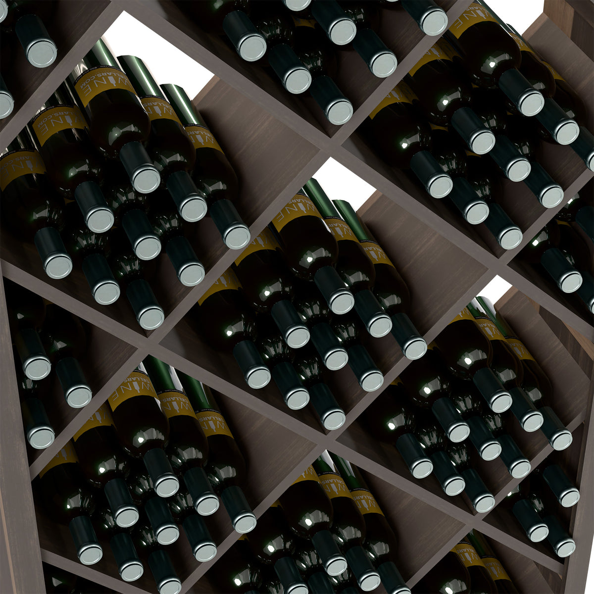 Diamond wine rack close-up showing bottle slots with dark glass bottles and caps