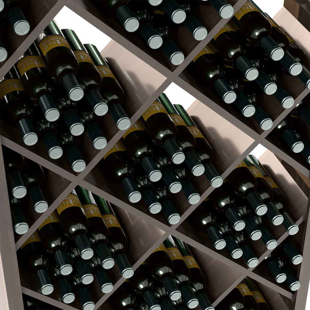 Diamond wine rack close-up with bottle holders and cross-braced wood shelves