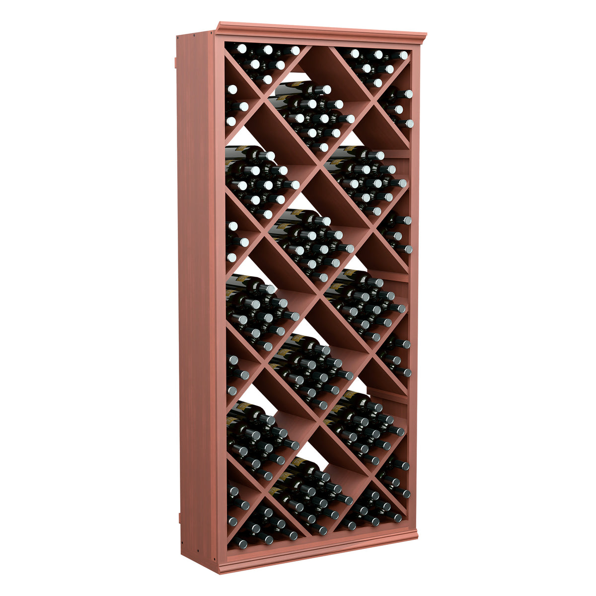 6ft wine bottle storage rack with diamond lattice shelves in warm red wood tone