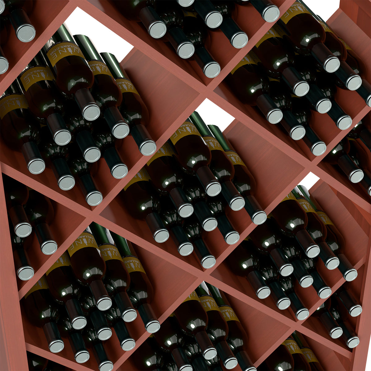 Close-up of diamond wine rack showing bottle slots in warm red wood frame