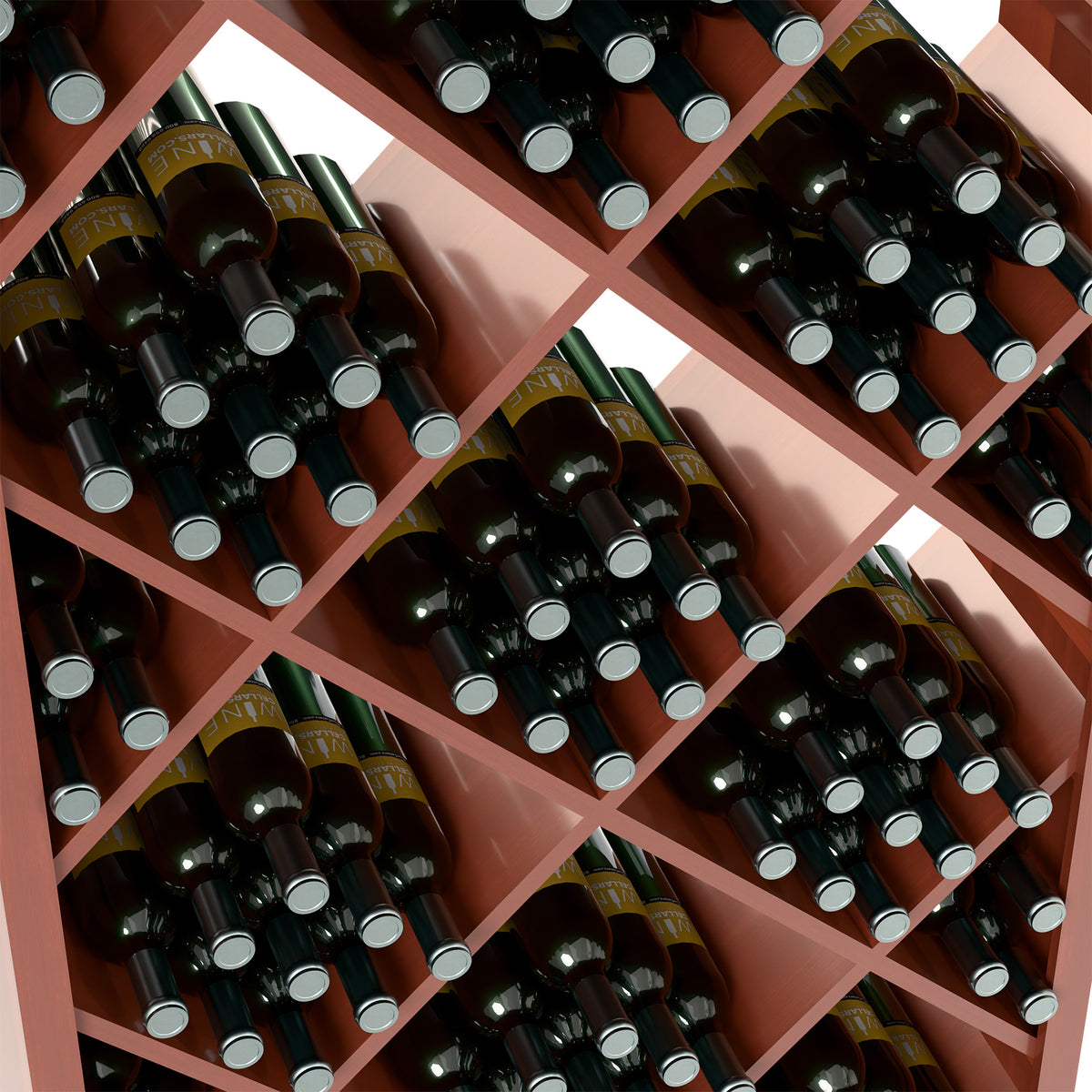 Diamond wine rack close-up with bottle holders inside a warm red crosshatch frame