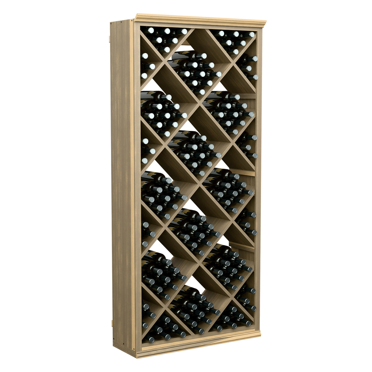 Tall light wood wine storage cabinet with diamond lattice shelves for bottles.
