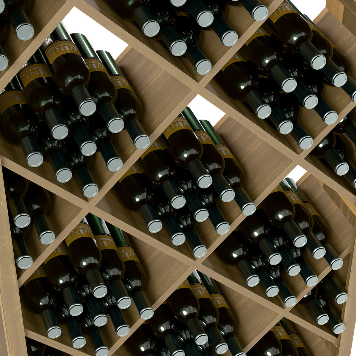 Light wood wine rack close-up: diamond lattice bottle slots with silver caps.