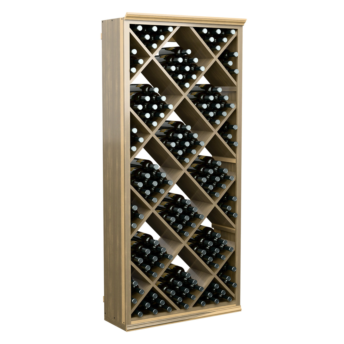 Tall light wood wine storage bin with diamond lattice bottle compartments.
