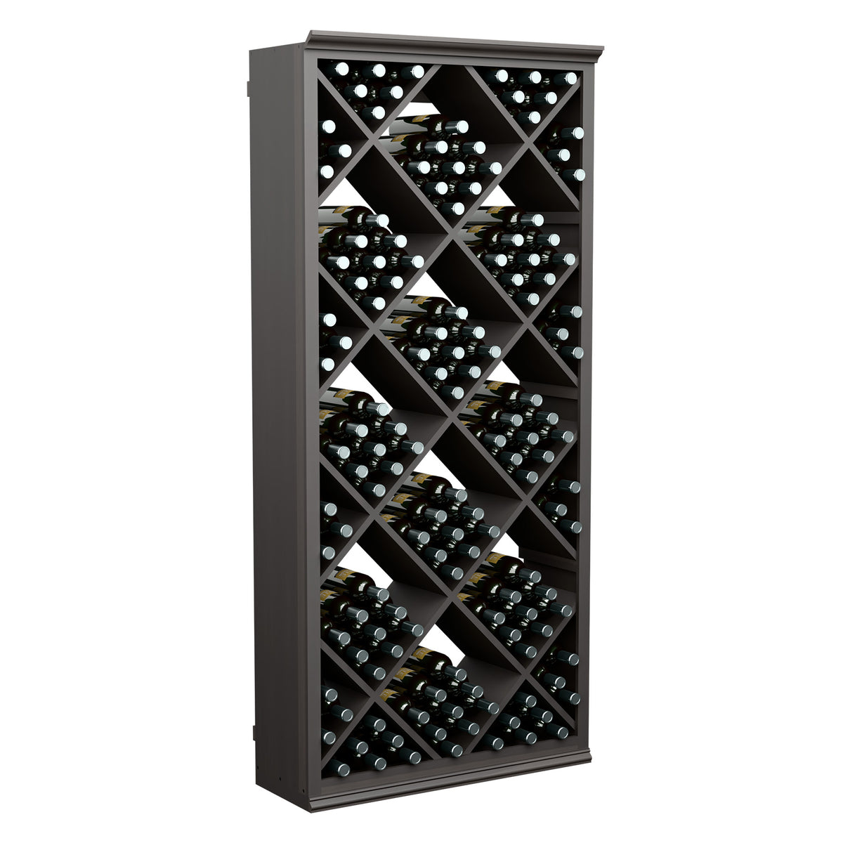 Tall dark grey wine storage cabinet with diamond lattice bottle shelves.