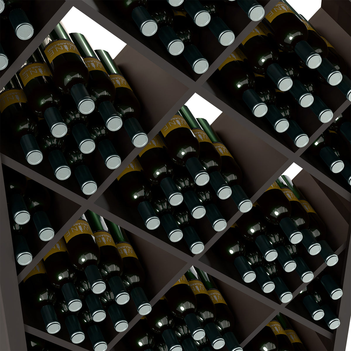 Dark grey diamond lattice wine rack close-up with bottle rows in square cells.