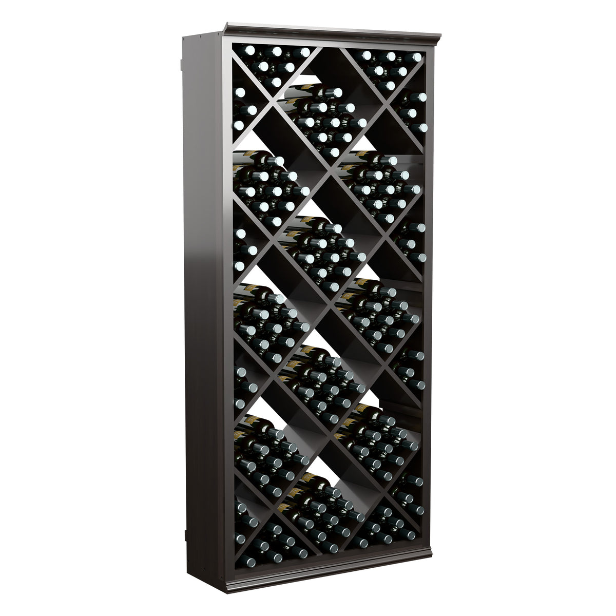 Tall dark grey wine rack cabinet featuring diamond lattice bottle holders.
