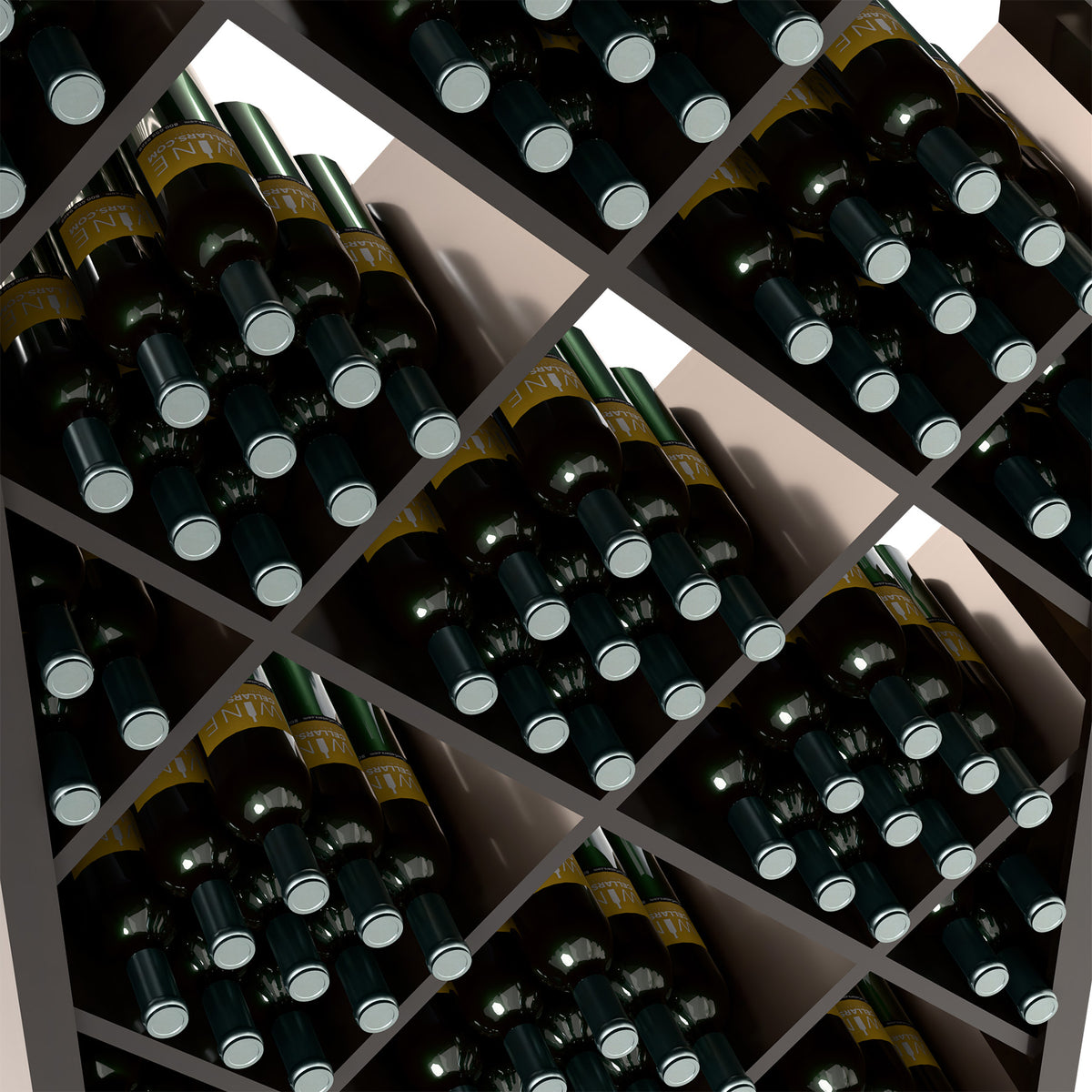 Dark grey diamond lattice wine rack close-up with bottles in angled compartments.