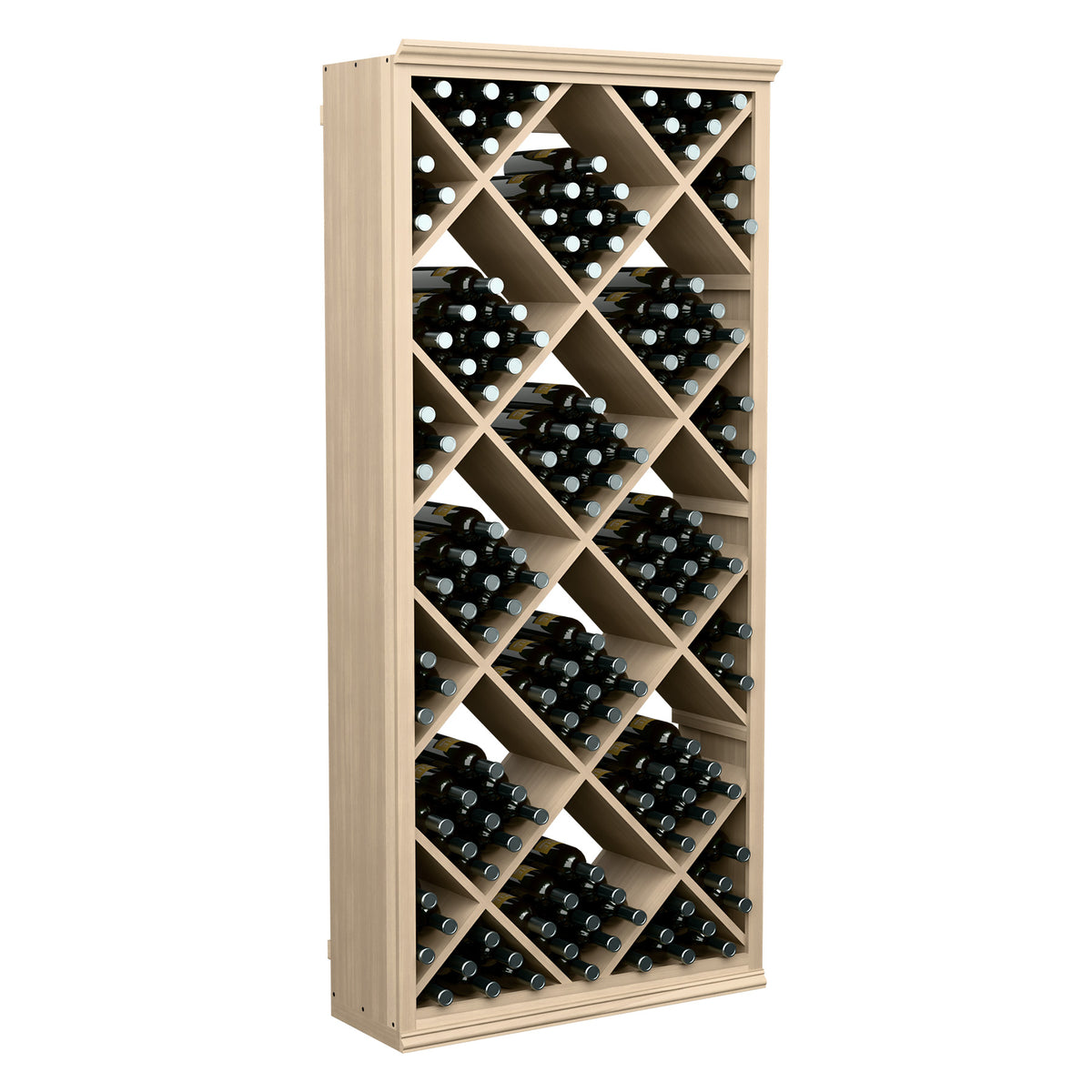 Wood wine storage cabinet with diamond lattice and bottle slots, full view