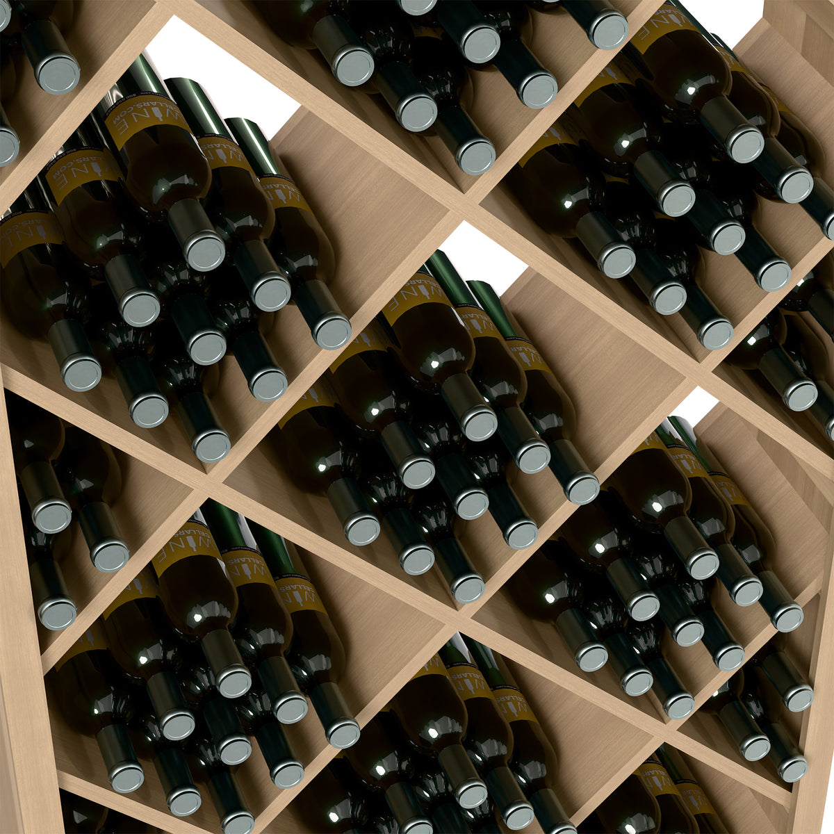 Wood wine rack with diamond lattice holding multiple wine bottles in angled cells
