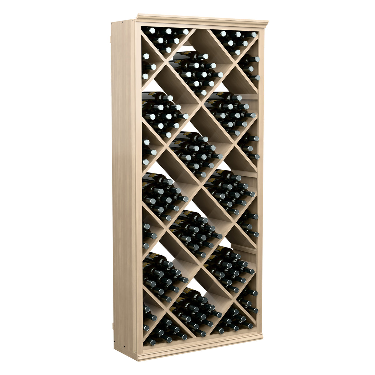 Wood wine storage cabinet with diamond lattice bottle slots, front-facing view