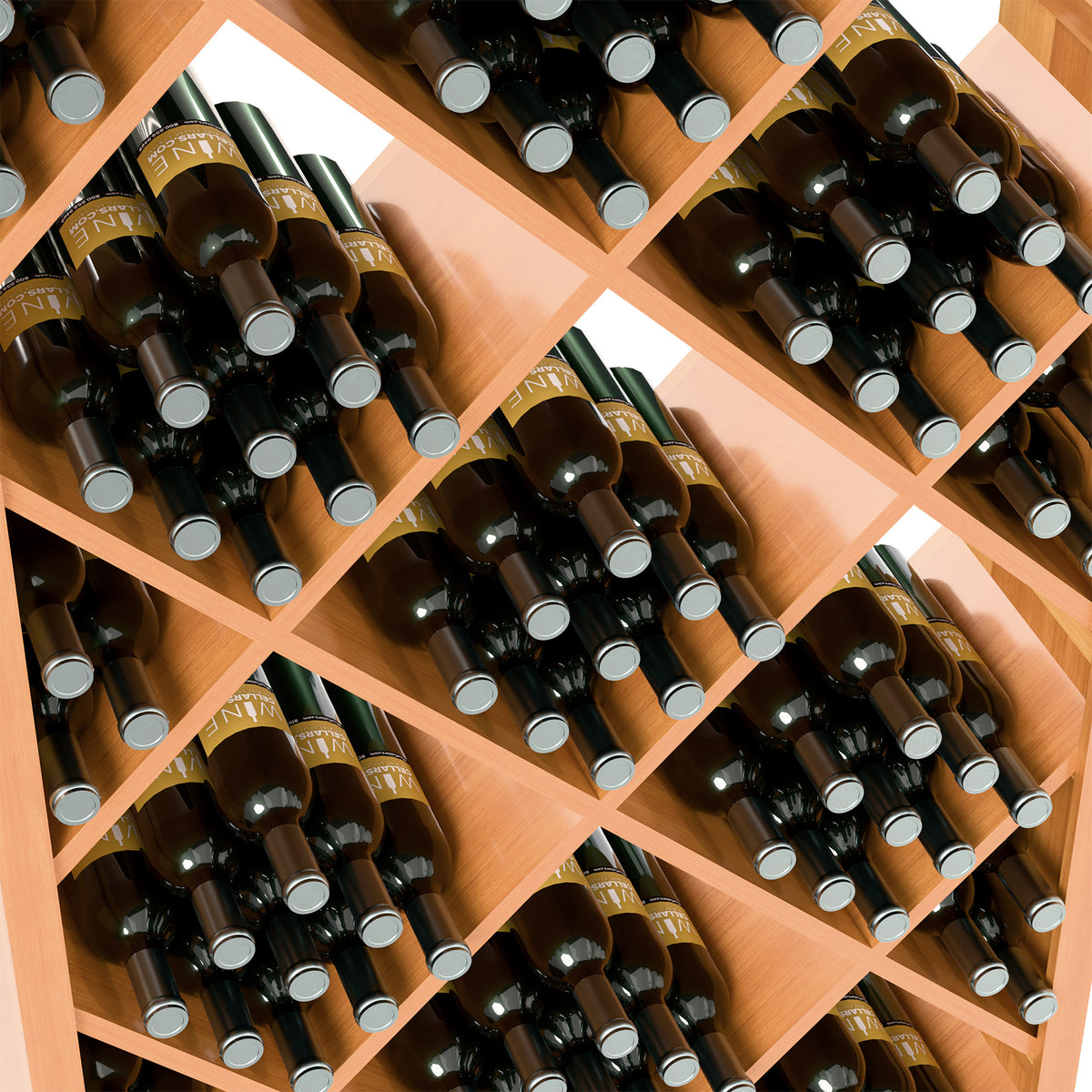 Close-up of warm wood wine rack diamond lattice with wine bottles in slots