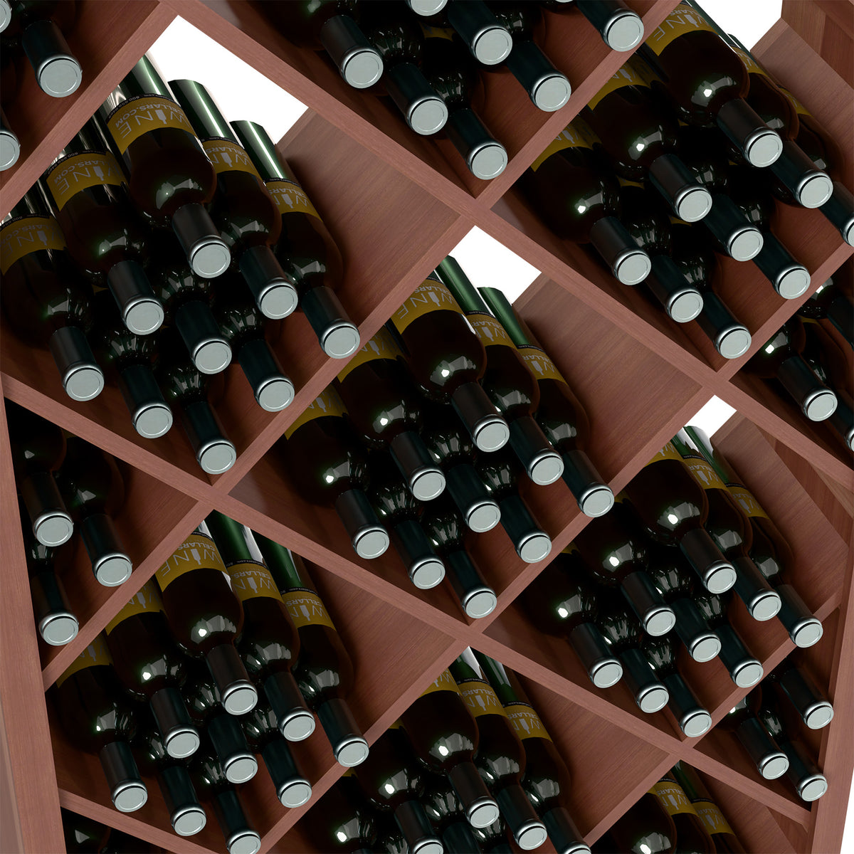 Close-up of dark wood wine rack diamond lattice with wine bottles in individual slots