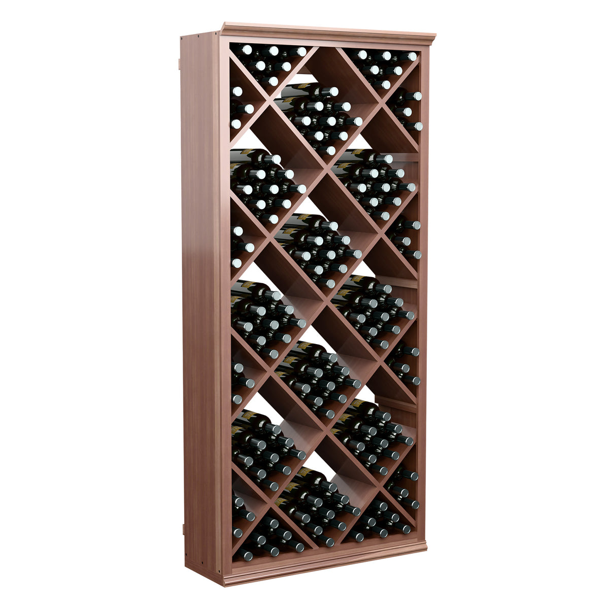 Wine storage cabinet with diamond lattice shelves holding multiple dark wine bottles.