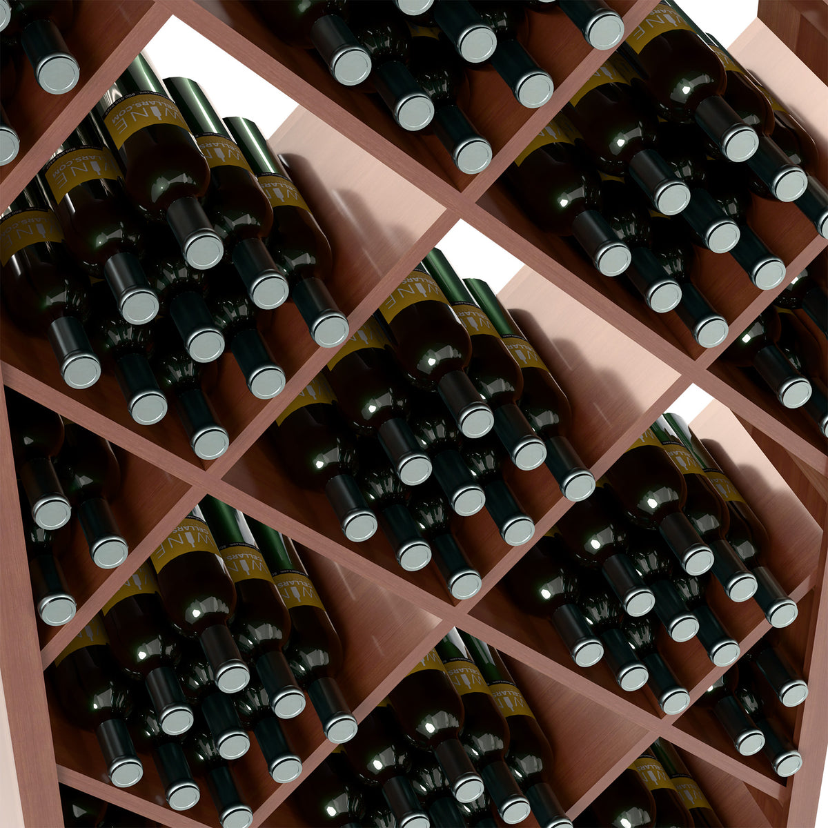 Close-up of wine cabinet diamond shelves with dark wine bottles and silver caps.