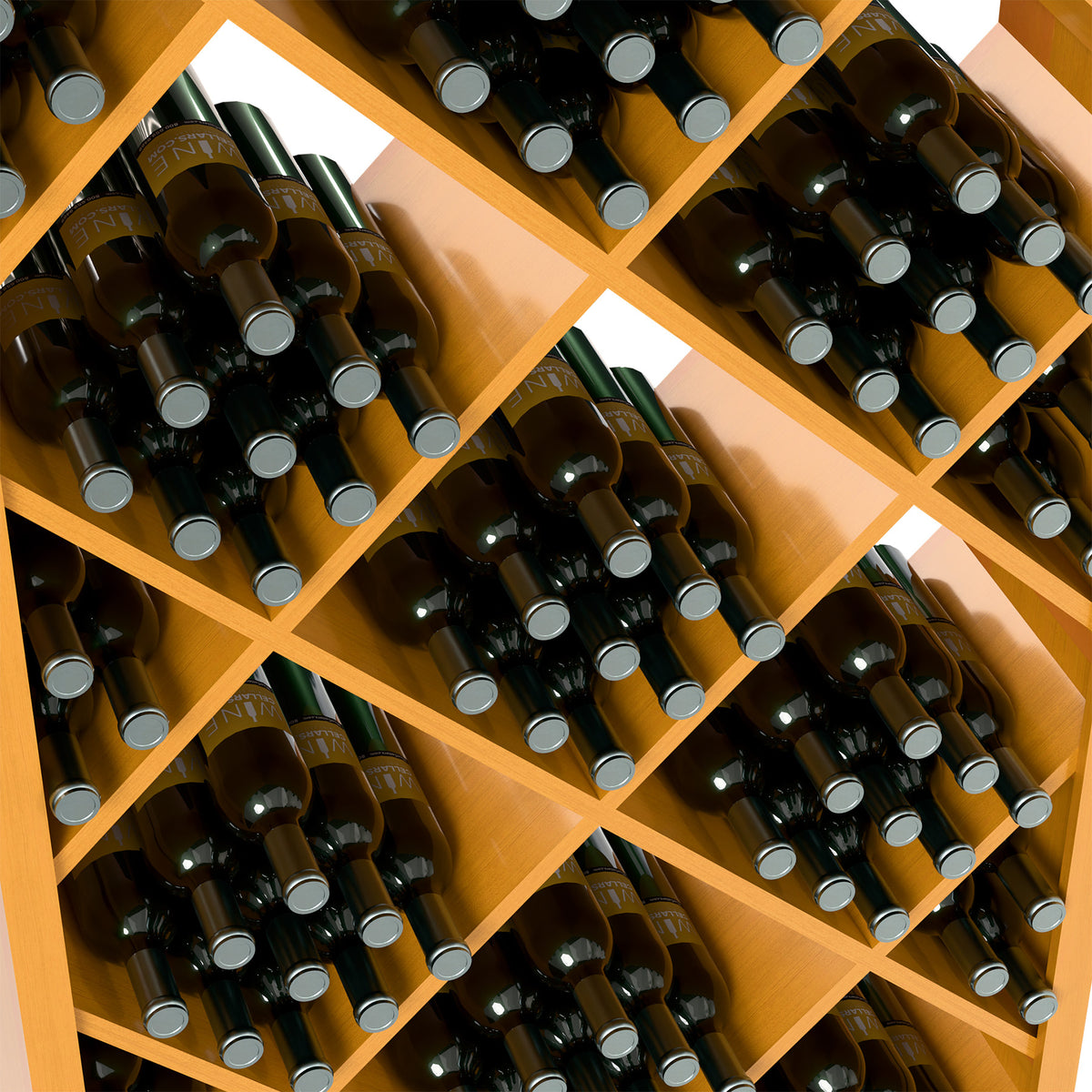 Close-up of light wood wine cabinet diamond shelves packed with dark wine bottles.