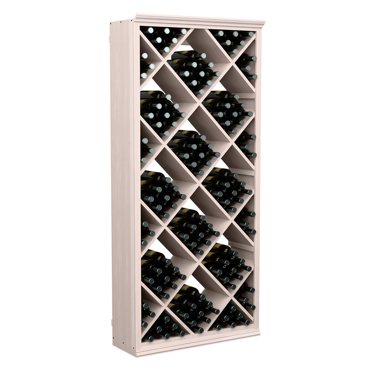Wine storage cabinet with diamond lattice shelves holding multiple wine bottles in light wood.
