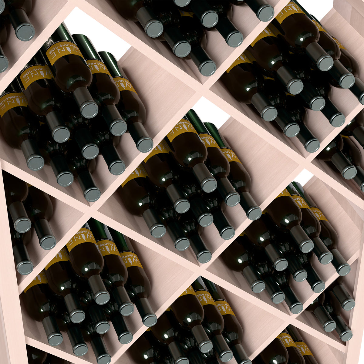 Close-up of light wood wine cabinet diamond shelves with dark bottles and silver caps.