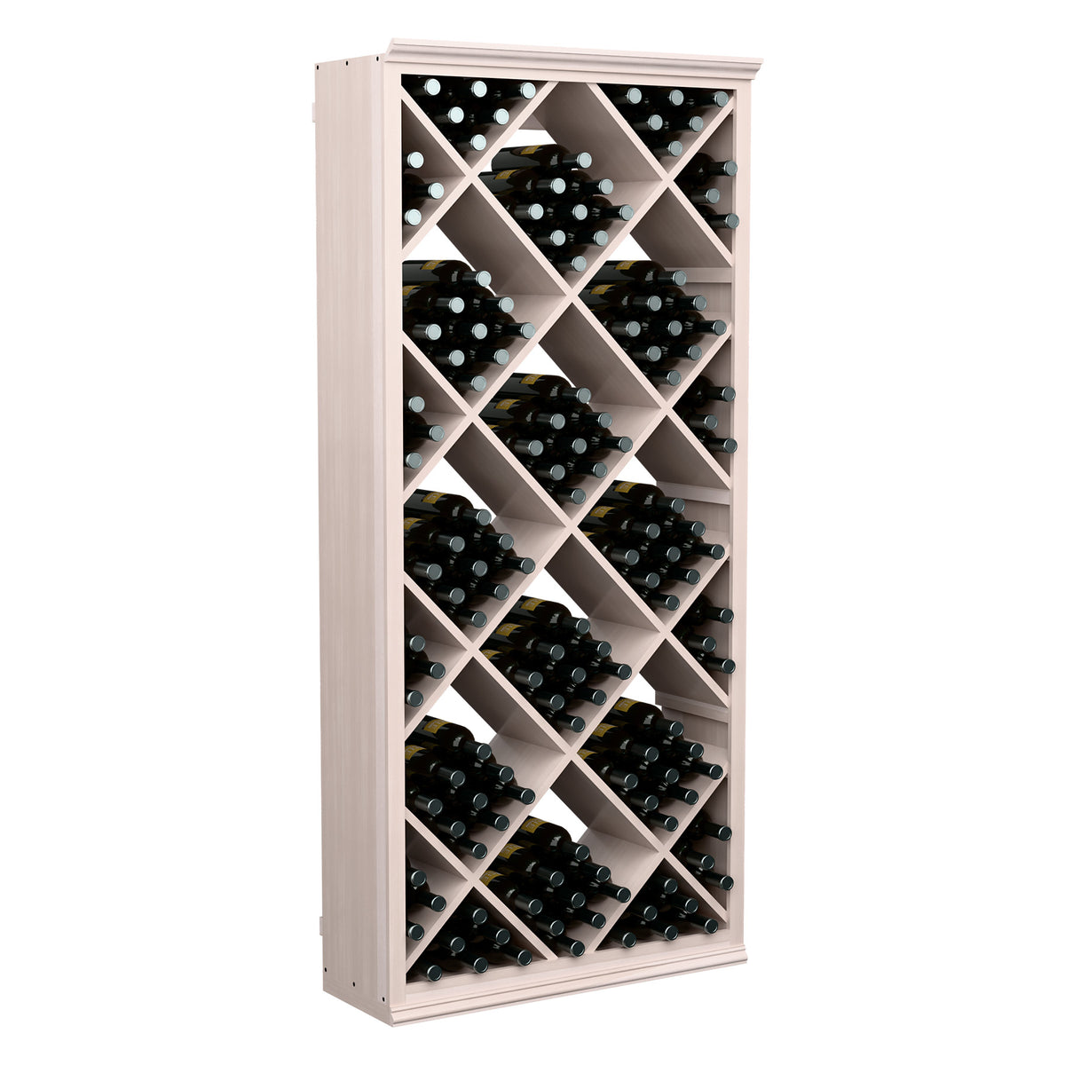 Wine storage cabinet with diamond lattice shelves holding multiple wine bottles in light wood.
