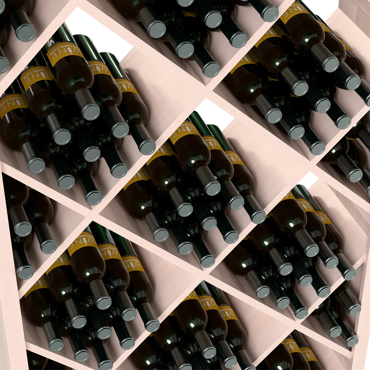 Close-up of light wood wine cabinet diamond shelves filled with dark wine bottles.