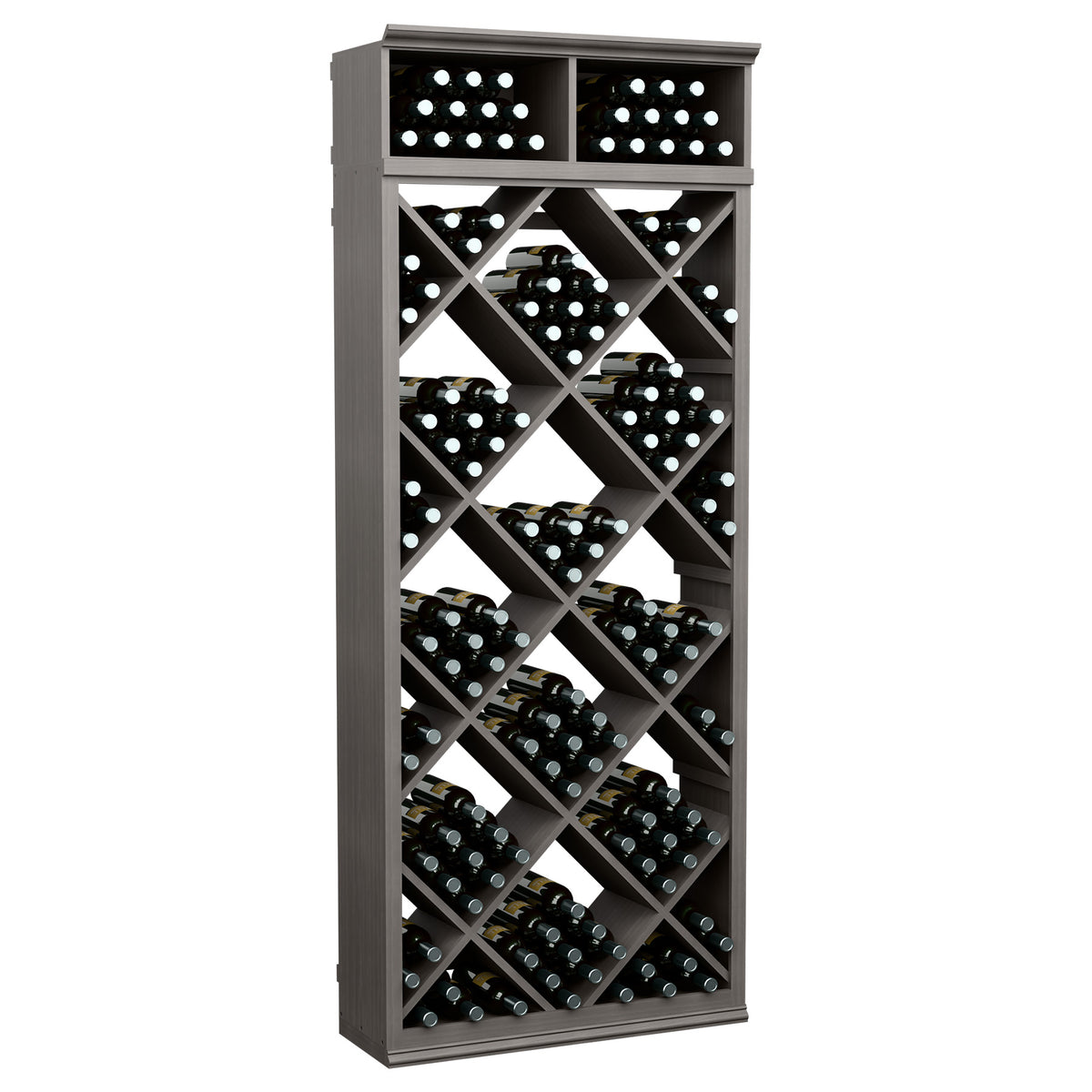 Dark wood wine bottle storage cabinet with diamond lattice shelves and two top rows