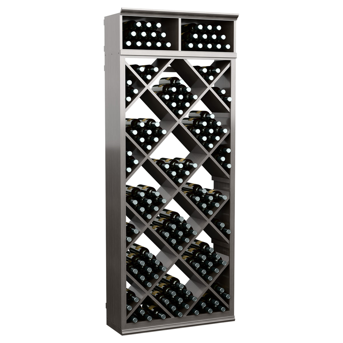 Dark wood wine bottle storage cabinet with diamond lattice shelves and two top compartments