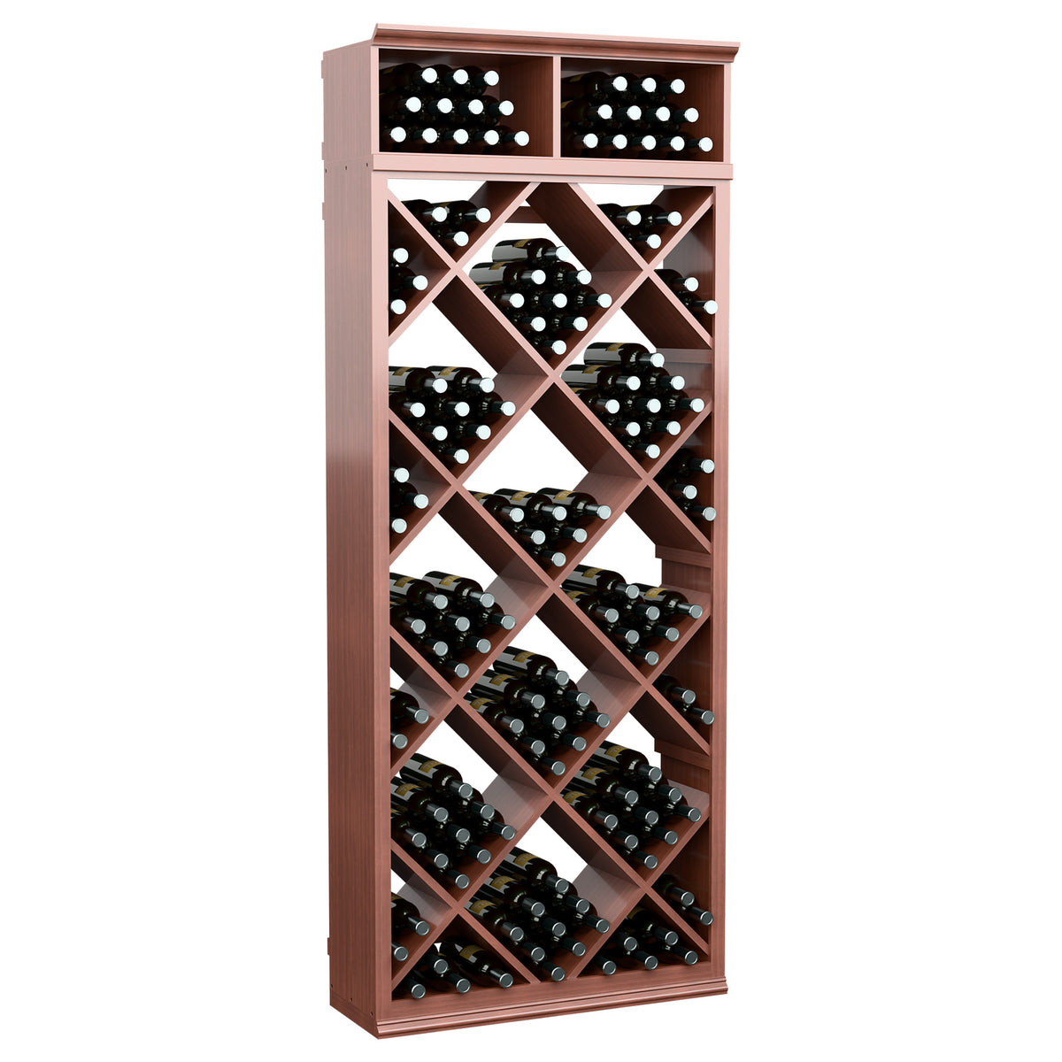 Red wood wine bottle storage cabinet with diamond lattice shelves and two top compartments