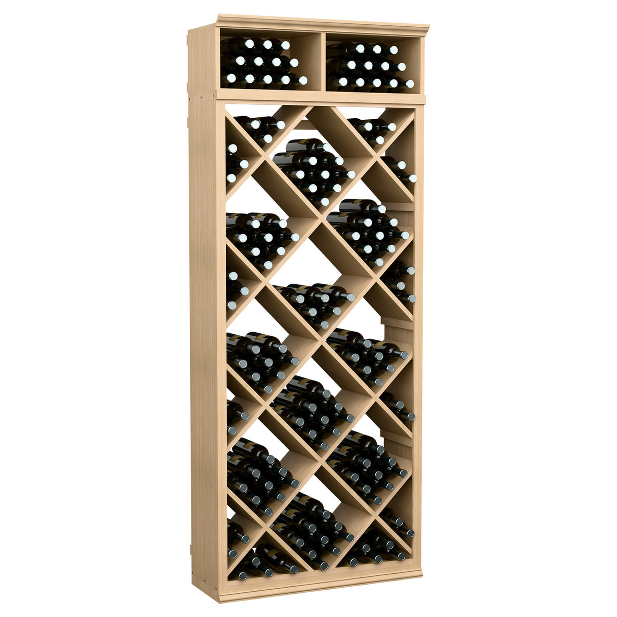 Light wood wine bottle storage cabinet with diamond lattice shelves and two top rows