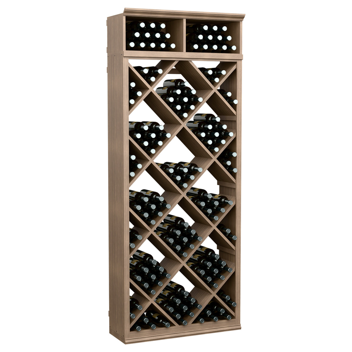 Light wood wine bottle storage cabinet with diamond lattice shelves and two top rows
