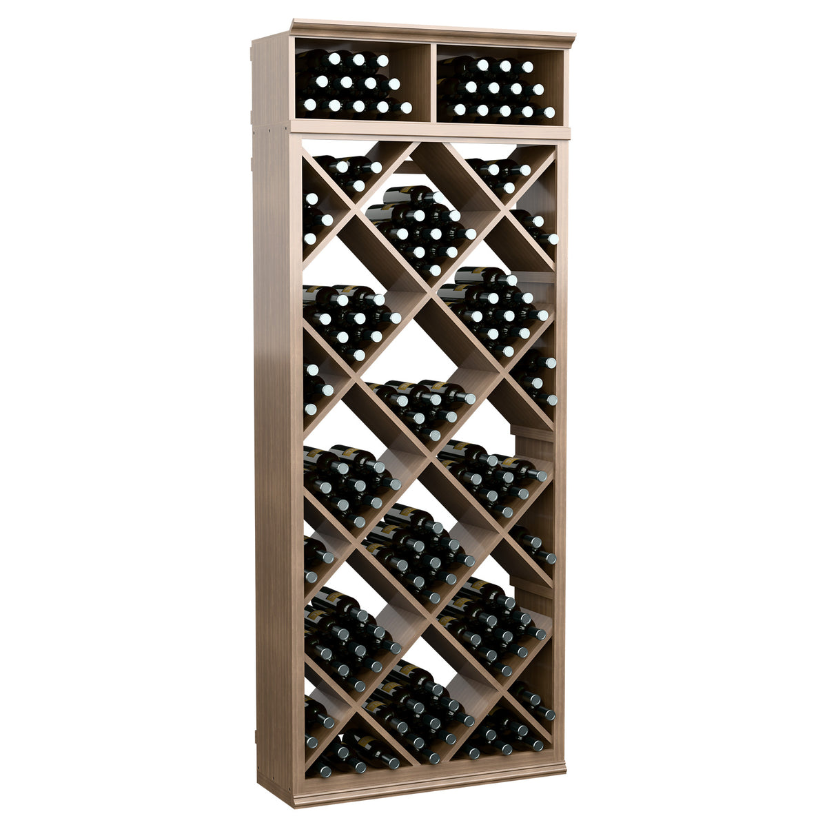 Light wood wine bottle storage cabinet with diamond lattice shelves and two top compartments