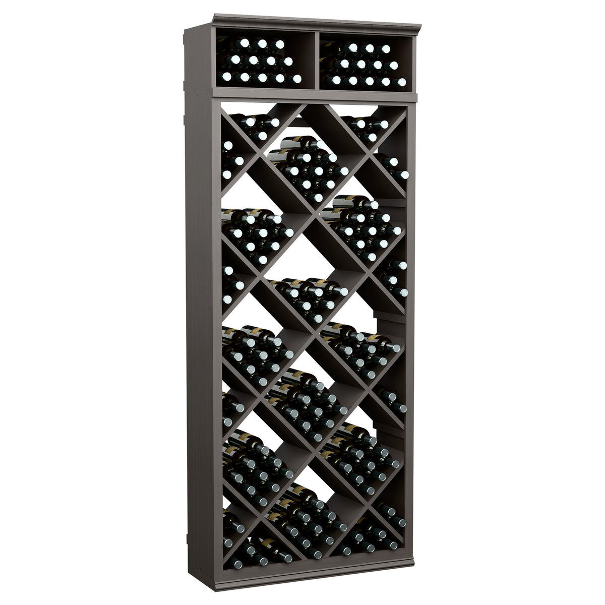 Dark wood wine bottle storage cabinet with diamond lattice shelves and two top rows