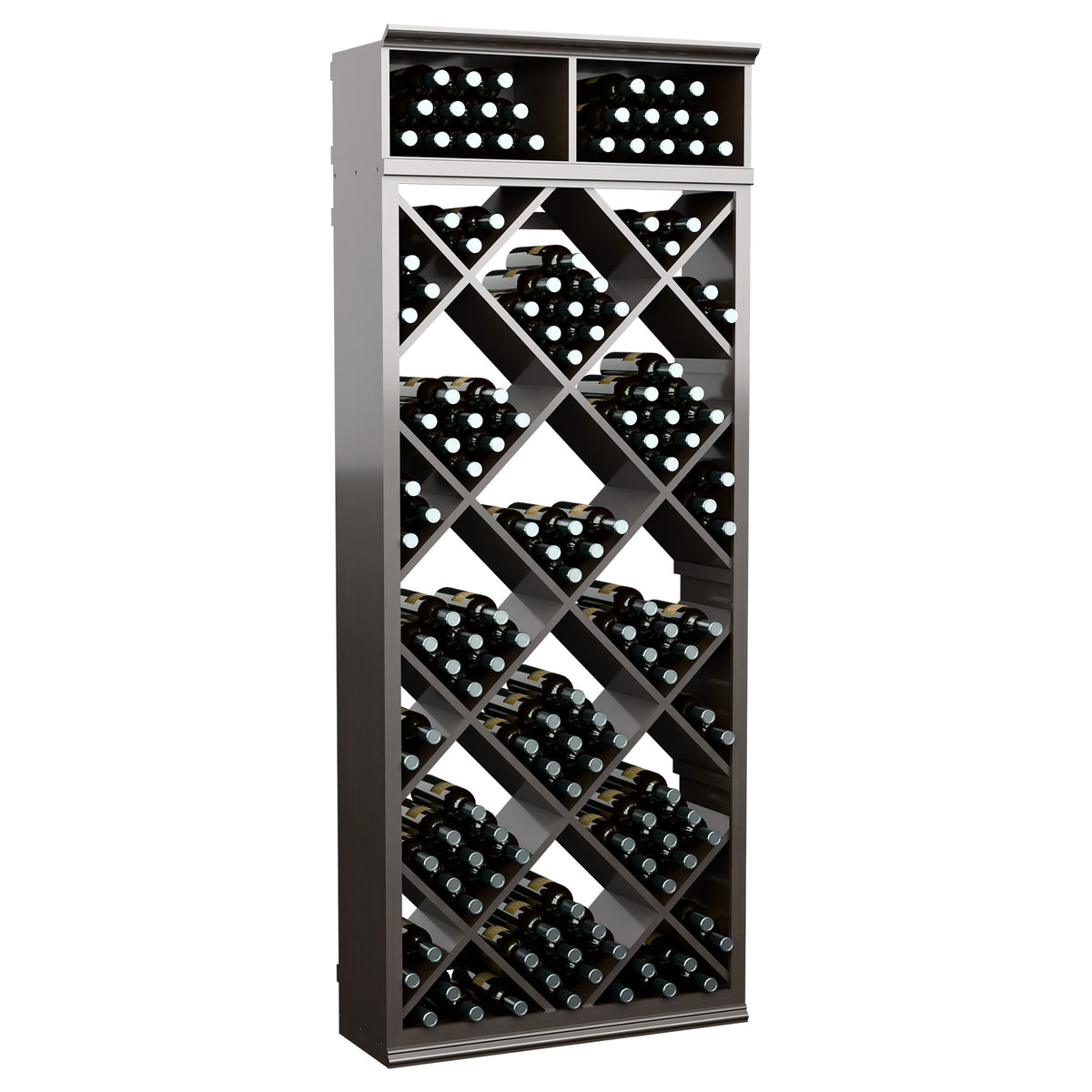 Dark wood wine bottle storage cabinet with diamond lattice shelves and two top compartments