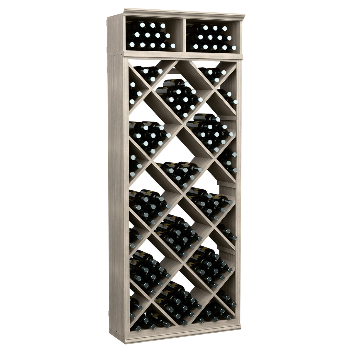 Wine storage cabinet with diamond grid, gray wood frame and black bottles