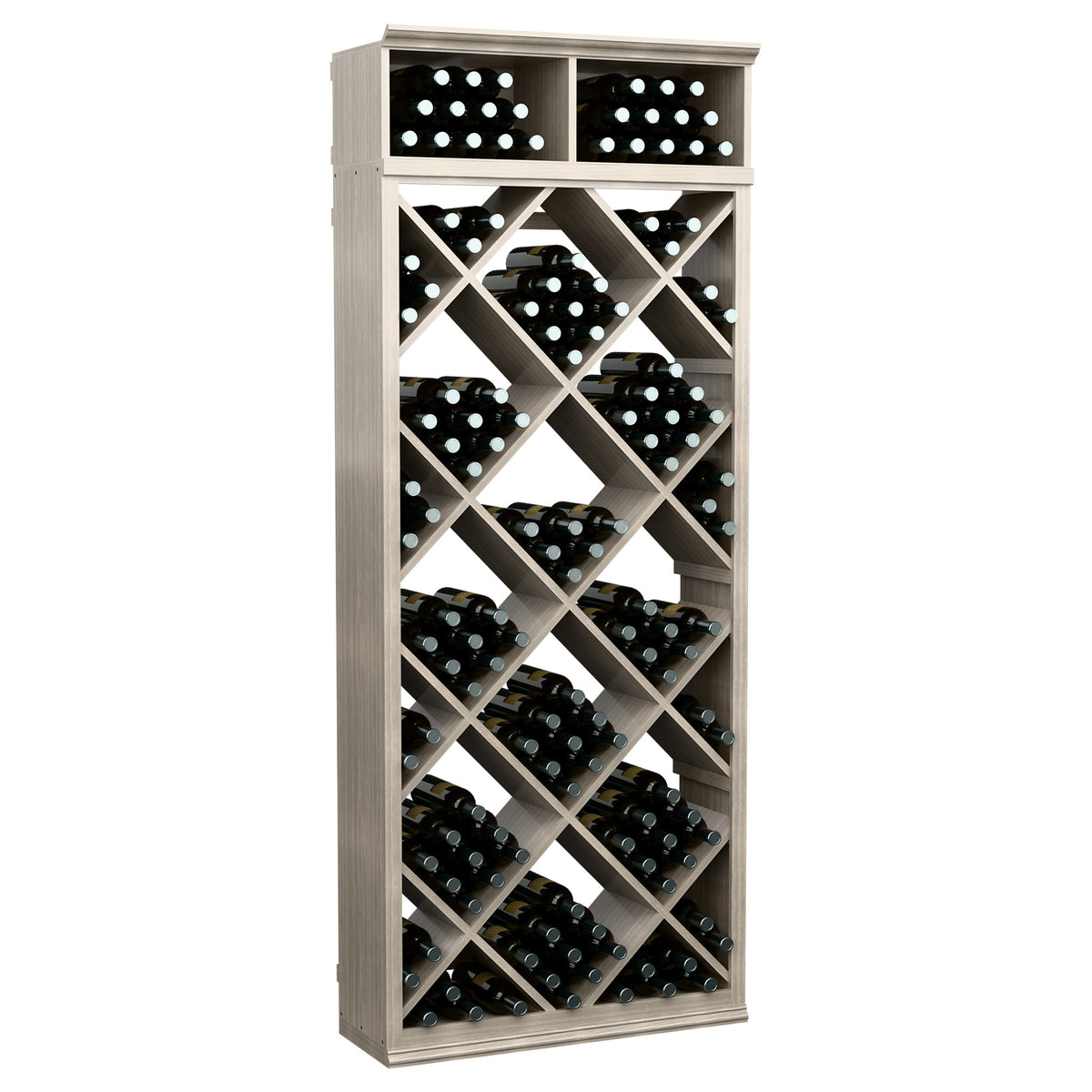 Wine storage cabinet with diamond grid shelves, gray wood frame and black bottles