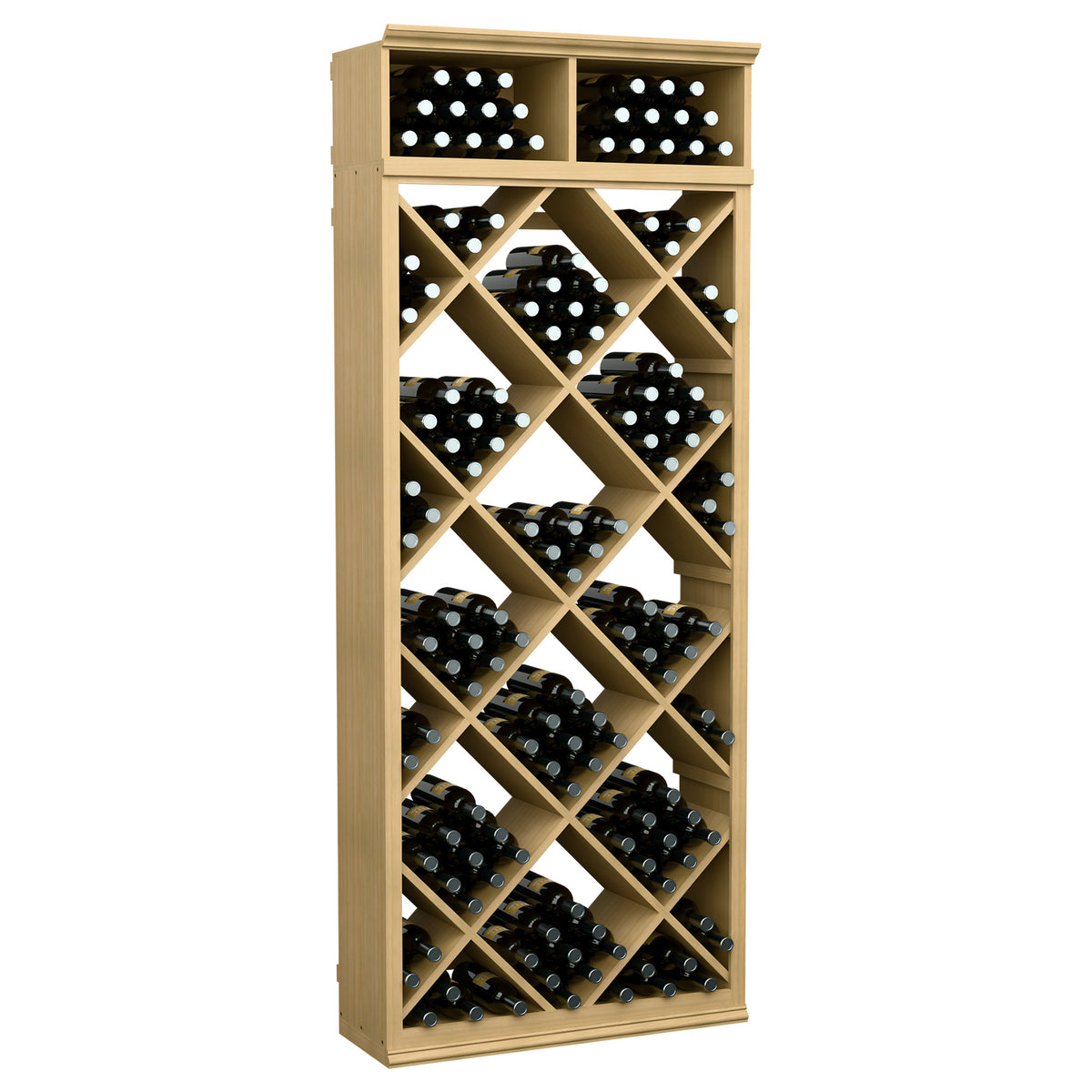 Wine storage cabinet with diamond grid, light wood frame and black bottles