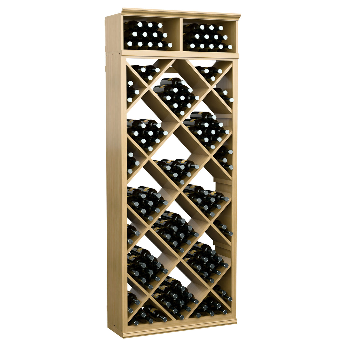 Wine storage cabinet with diamond grid shelves, light wood frame and black bottles