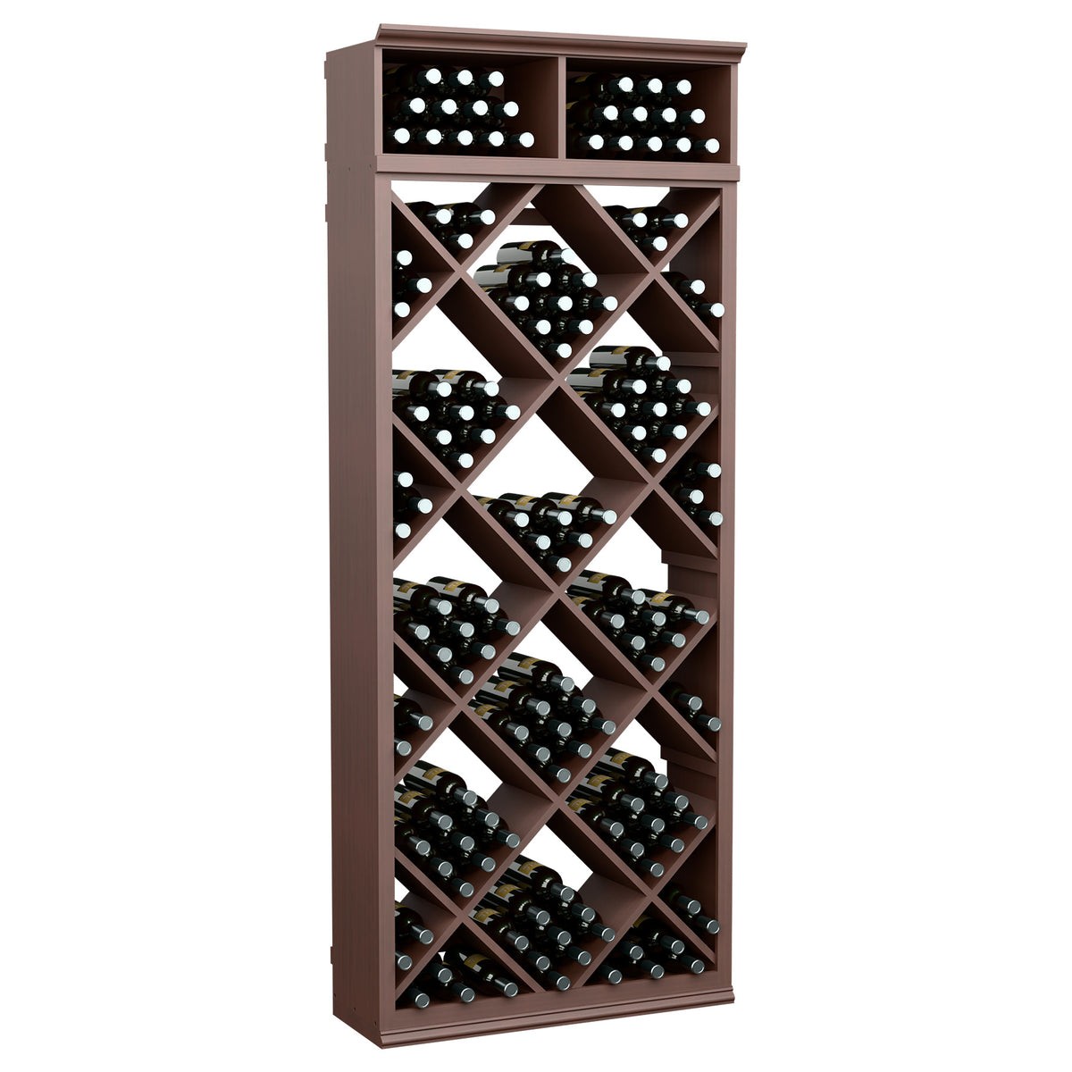 Wine storage cabinet with diamond grid, dark brown wood frame and black bottles