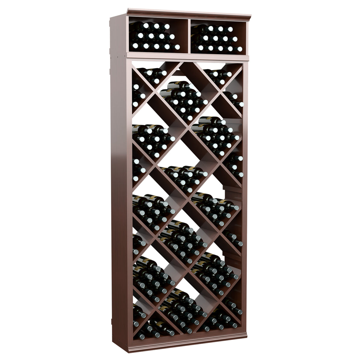 Wine storage cabinet with diamond grid shelves, deep brown wood frame and black bottles