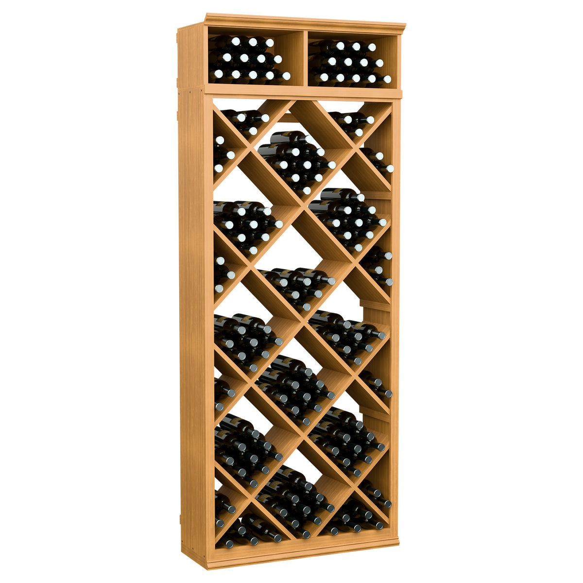 Wine storage cabinet with diamond grid, honey wood frame and black bottles