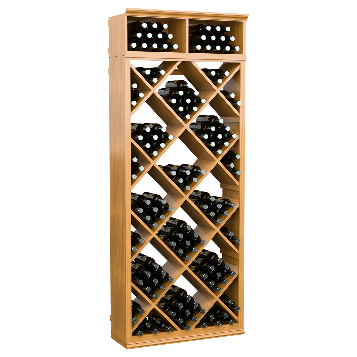 Wine storage cabinet with diamond grid shelves, light honey wood frame and black bottles