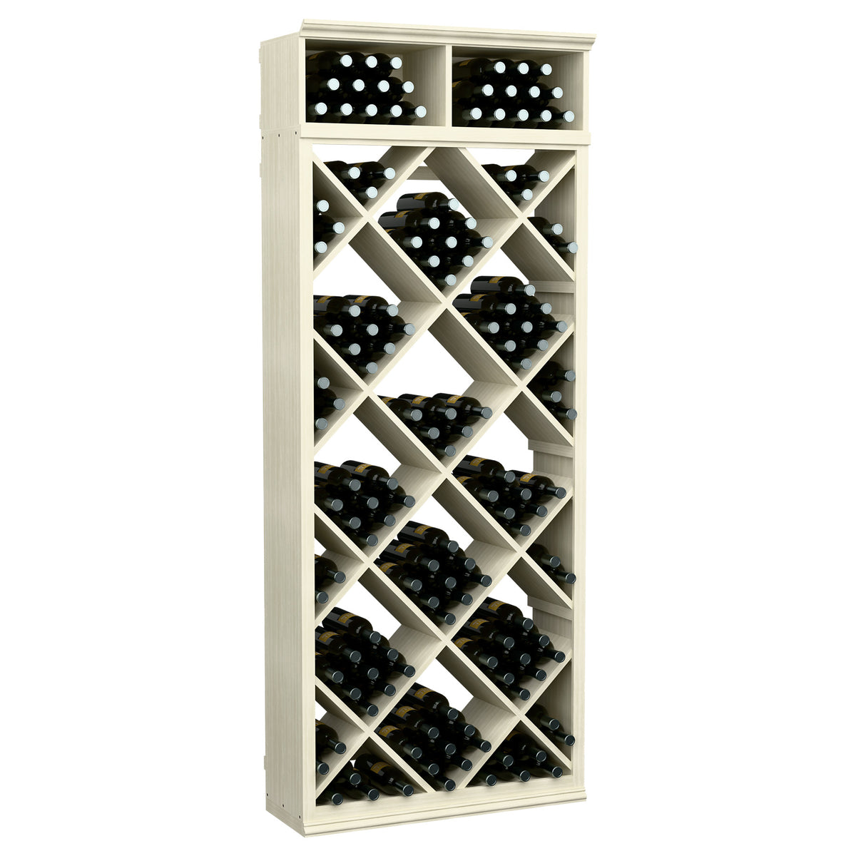 Wine storage cabinet with diamond grid, whitewashed wood frame and black bottles