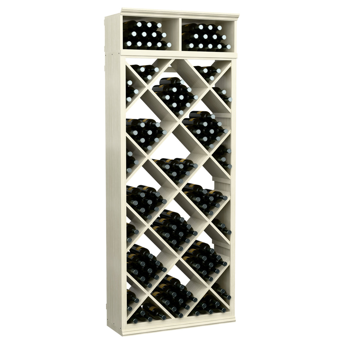 Wine storage cabinet with diamond grid shelves, whitewashed wood frame and black bottles