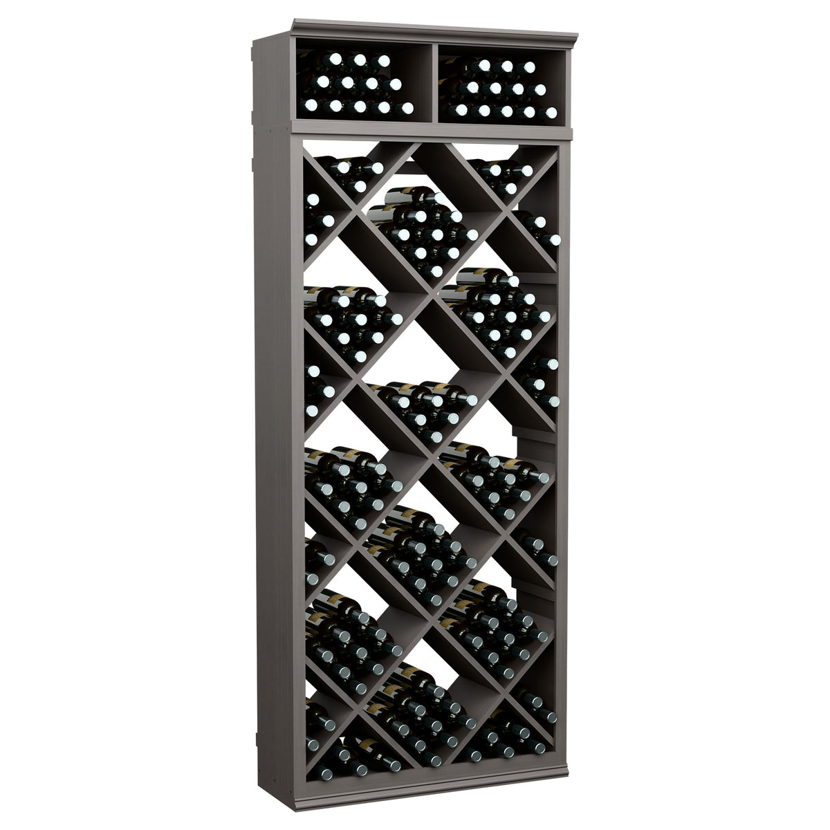Dark grey wine bottle storage cabinet with diamond-lattice slots and two top cubbies