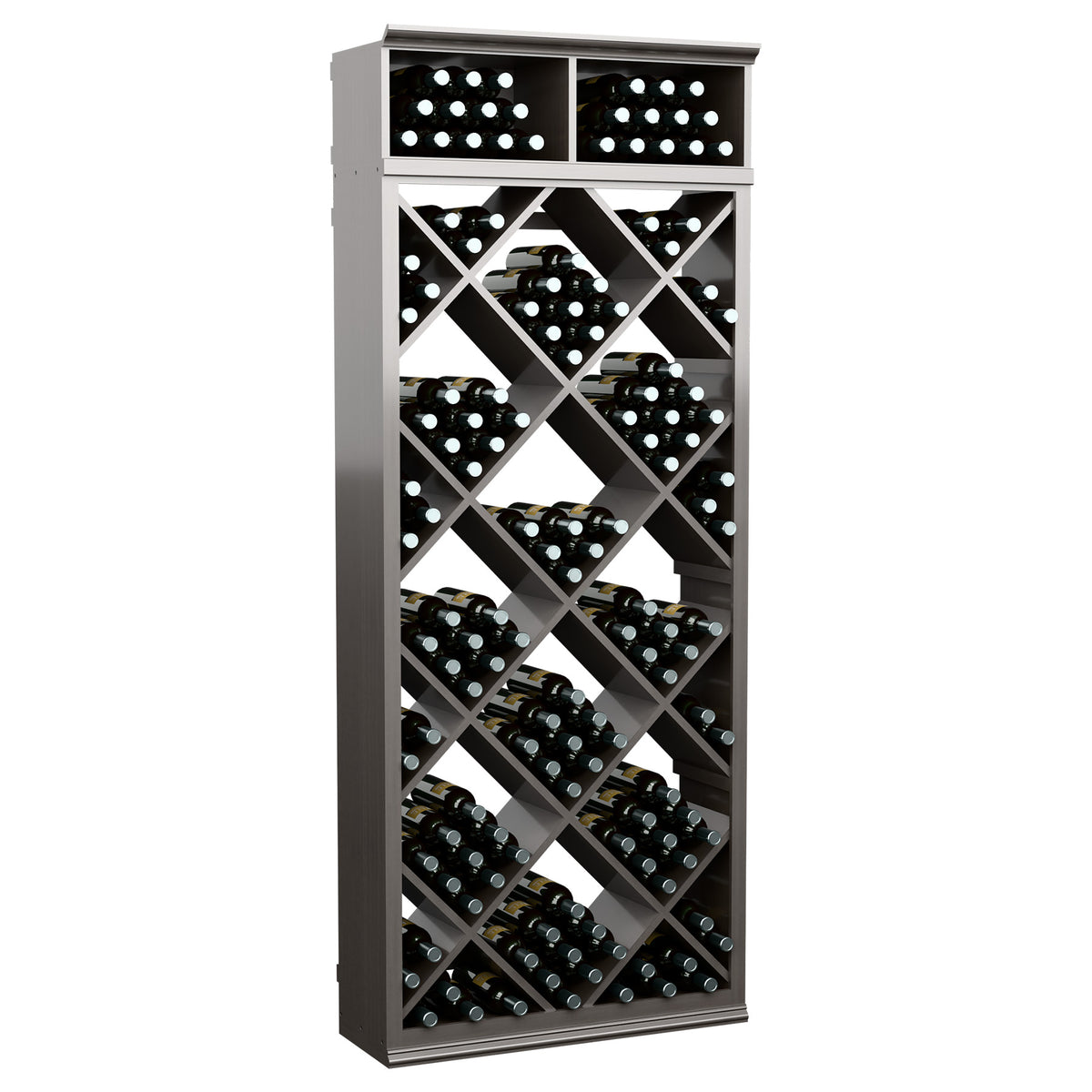 Dark grey wine bottle storage cabinet with diamond-lattice bottle slots and two top cubbies