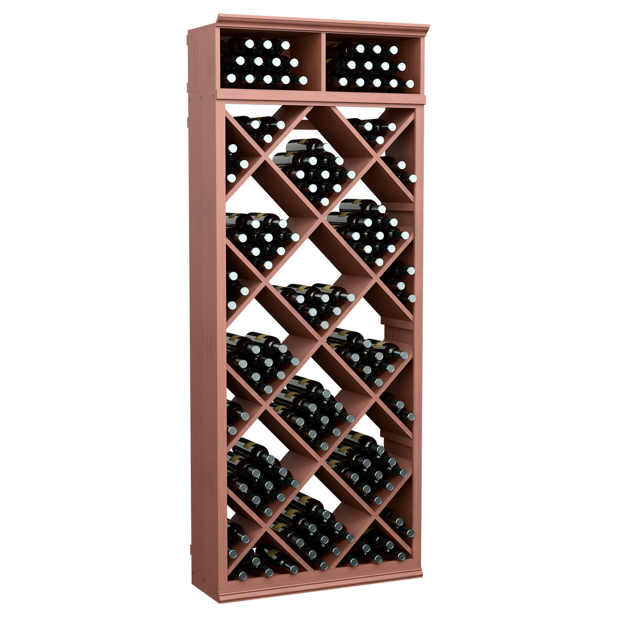 Reddish-brown wine bottle storage cabinet with diamond-lattice slots and two top cubbies