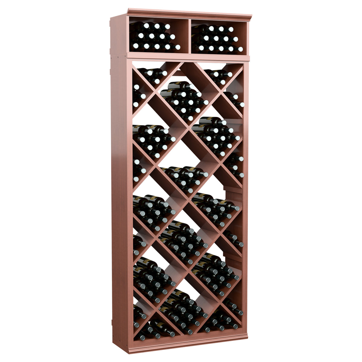 Reddish-brown wine bottle storage cabinet with diamond-lattice bottle slots and two top cubbies