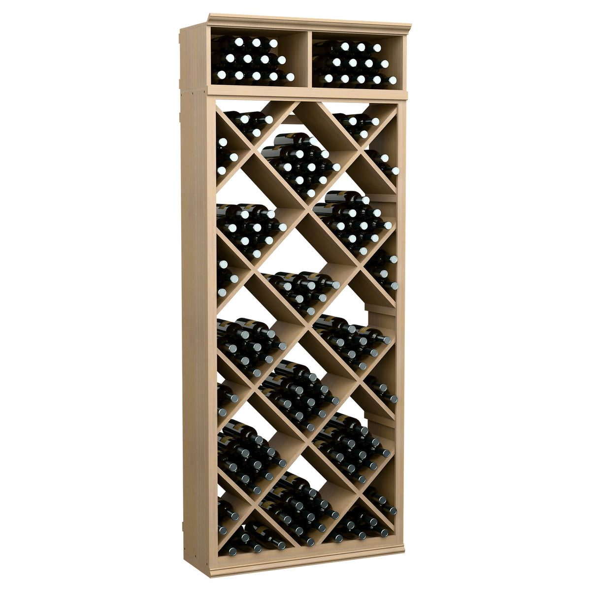 Light wood wine bottle storage cabinet with diamond-lattice slots and two top cubbies