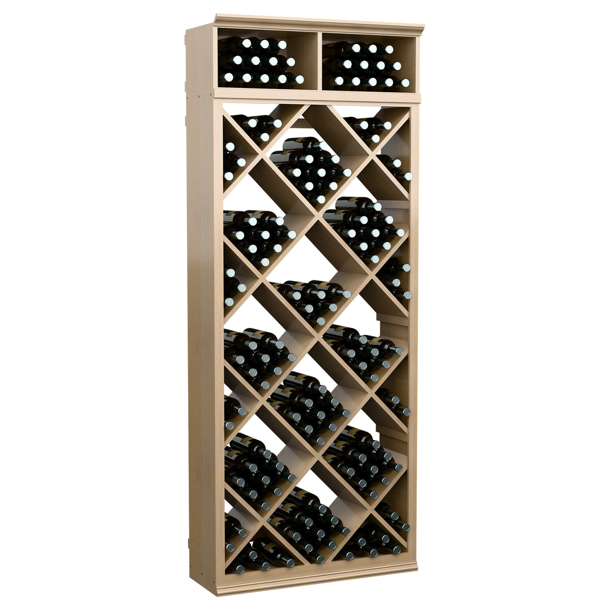Light wood wine bottle storage cabinet with diamond-lattice bottle slots and two top cubbies